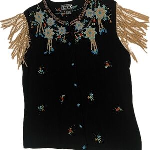 Berek Women’s Black Sweater with Floral Design and Fringe Size Large